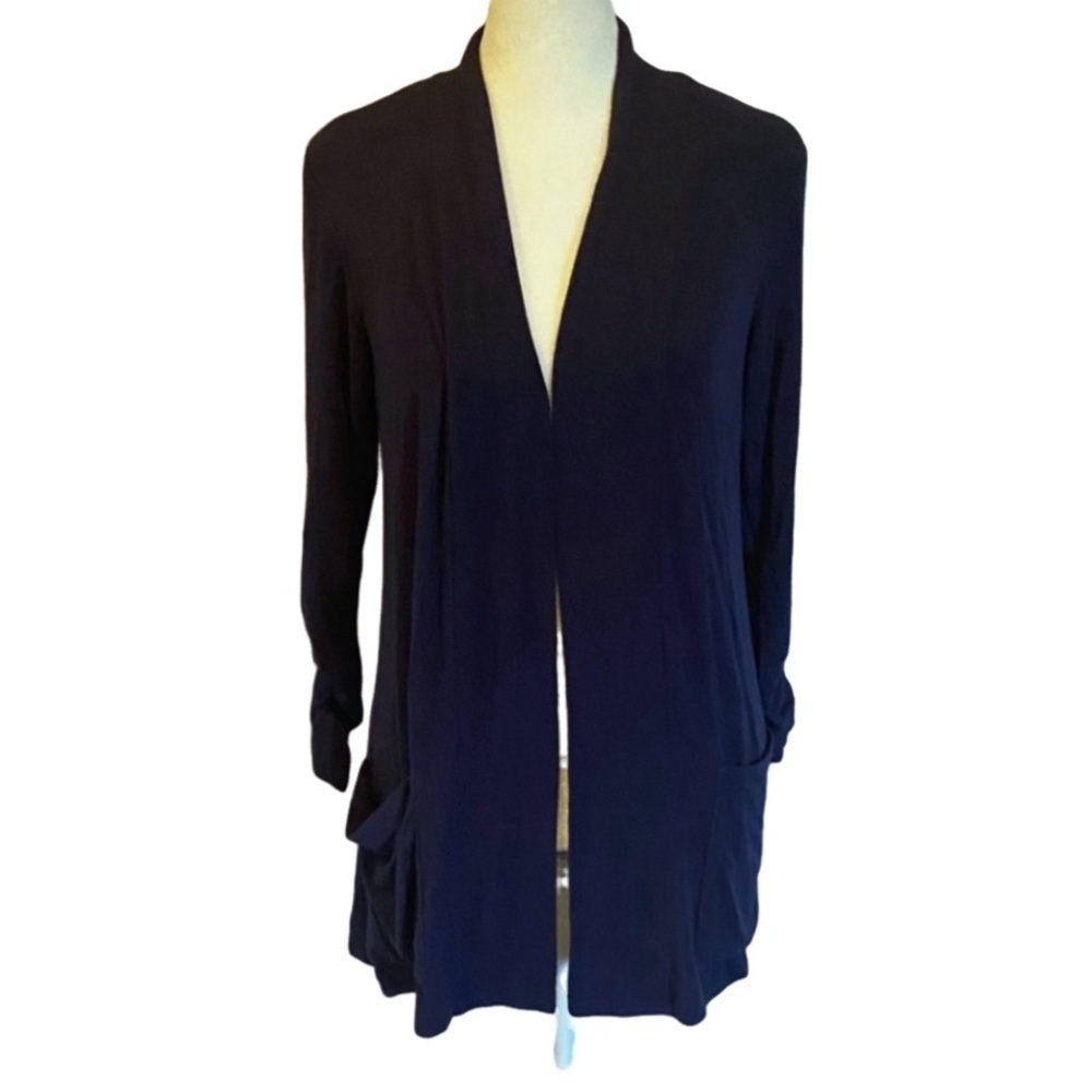 Bobeau Navy Open Front Lightweight Cardigan. Ruched Sleeves. Size XS. Pockets.
